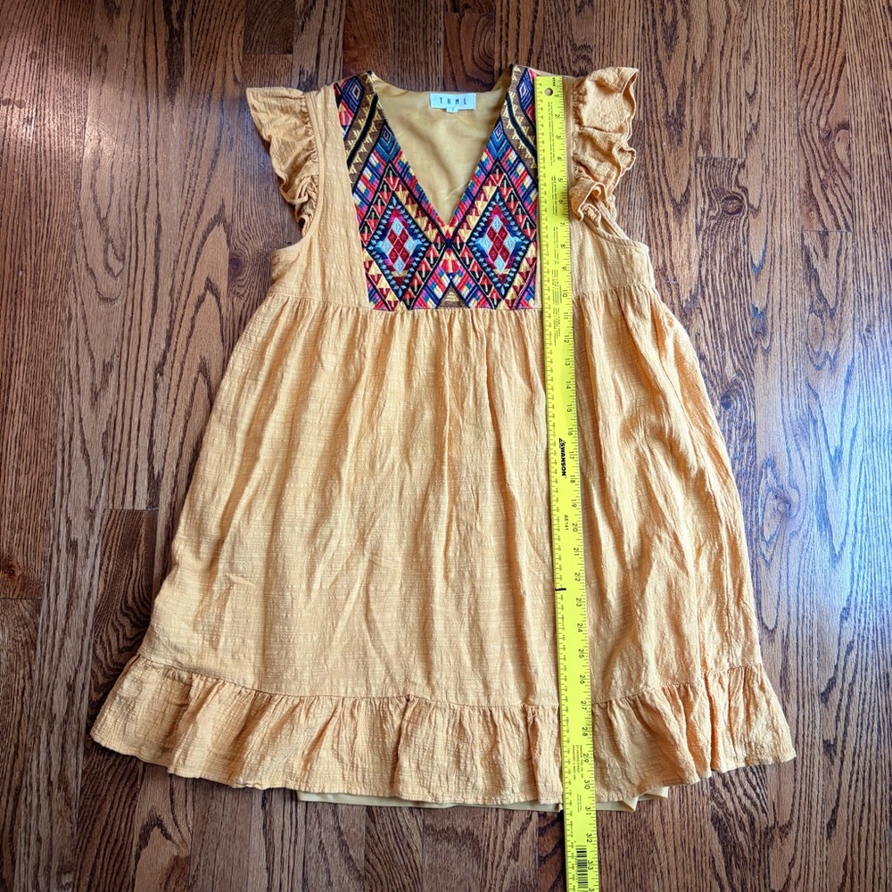 THML Mustard Embroidered Boho Babydoll Dress | Aztec Tribal Embroidery Small - Picture 6 of 8